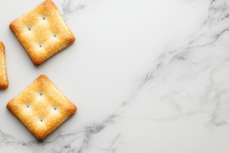 Three light golden-brown, square crackers are arranged on a white marble surface. The surface has a subtle veining pattern. The crackers have small holes in their surface. The crackers are arranged to show a slight diagonal arrangement with the background.の素材