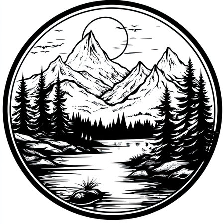 Detailed black and white illustration of a serene mountain landscape featuring towering peaks, a calm lake, and a dense forest.  The scene is framed by a circular border.の素材