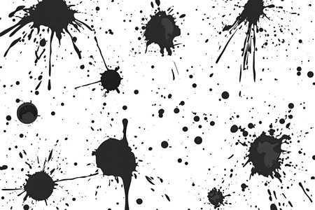 Repeating pattern of ink blots and splashes in black on a white background.  The blots have various shapes and sizes, demonstrating a splatter or drip effect, suitable for design backgrounds, patterns, textures, or illustrations.の素材