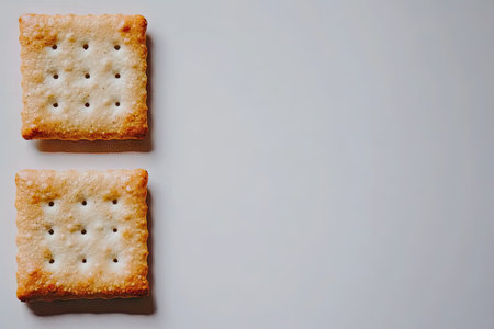 Two light-brown square crackers, with a grid pattern of small holes, are placed side-by-side against a neutral light-gray backdrop. The crackers are presented in a way that highlights their shape and texture.の素材