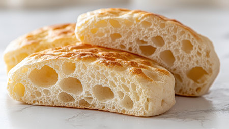 Close-up view of three slices of artisan bread, showcasing the intricate porous texture and golden color of the interior. The slices are positioned in a way that allows for the detailed examination of the bread's internal structure.の素材