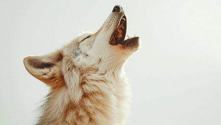 Close-up image of a wolf's head and upper body, seen in profile view. The wolf's mouth is open in a howl, and its gaze is directed upward. The image highlights the rich texture of the wolf's fur and the details of its face and mouth.  The lighting emphasizes the wolf's form and the surrounding area is light gray.の素材