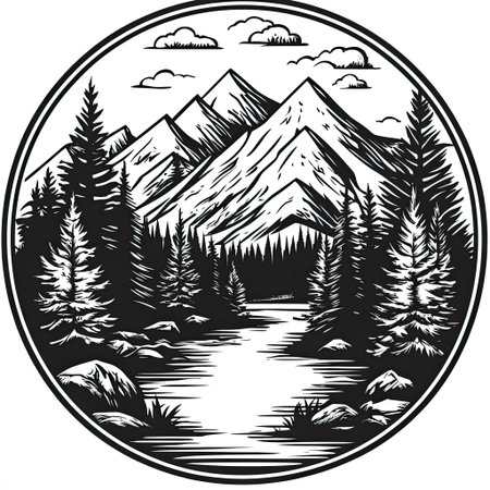 Black and white graphic illustration of a serene mountain landscape with a river flowing through a forest.  The style appears to be a vintage woodcut or etching, showcasing meticulous detail. The image is circular in shape.の素材