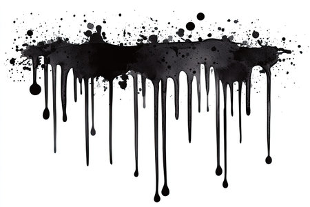 Graphic image featuring a pattern of dripping black ink and splatter, isolated on a pure white background. The ink is depicted in a variety of drips and blot shapes, with different sizes and thicknesses.の素材
