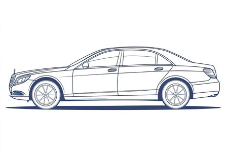 Profile view of a luxury sedan, drawn as a simple line art illustration.  The vehicle is depicted in a detailed manner, showing all features from side.  The drawing is in shades of light blue.の素材