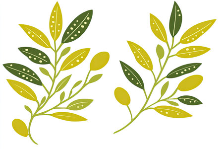 Two stylized branches, featuring alternating yellow and green leaves with small dots on them, are displayed against a white background. The design is simple yet visually appealing, and is suitable for use in various contexts such as wall art or textiles.の素材