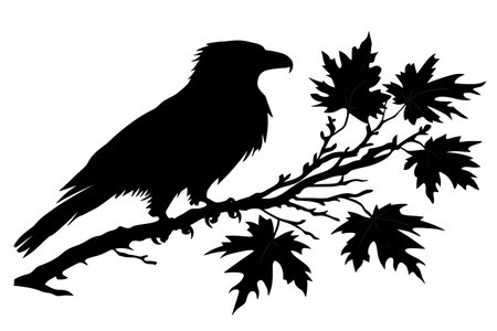 Stylized, black and white silhouette of a bird perched on a branch with maple leaves. The bird and leaves are presented in a graphic design format. The image has a simple, clean aesthetic.の素材
