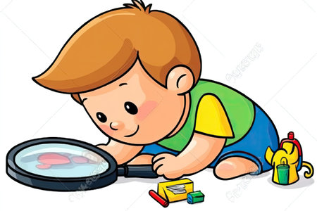 Cartoon illustration of a young boy crouched down, looking intently at a small object through a magnifying glass.  The boy is wearing a green top and blue shorts, and there are colorful crayons and other small objects on the ground around him.の素材