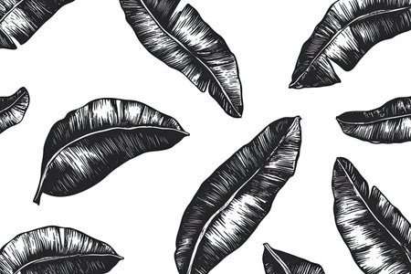 Repeating pattern of detailed, engraved banana leaves in black and white on a white background.  The intricate vein structures of the leaves are clearly visible.の素材