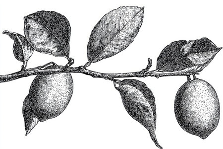 Detailed, hand-drawn illustration of a lemon branch with leaves and lemons, created in black ink on white background. The image displays a fine line style, focusing on the detailed texture of the lemons and leaves.の素材