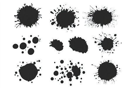 Set of black ink blots, splashes, and spots on a white background.  The blots vary in shape and size, showcasing a range of ink splatter patterns.  The imagery is suitable for use in design projects, graphic art, or as a decorative element.の素材