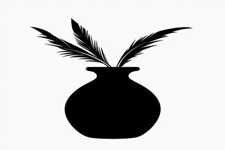 Simple black silhouette of a vase containing several feathers, suitable for use as a graphic element or design component. The image is in a solid black color against a white background.の素材