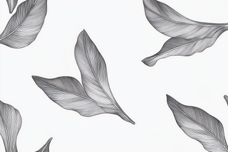 Detailed, intricate graphic design features a repeating pattern of tropical leaves in grayscale.  The leaves are illustrated with fine lines, creating a textured and visually rich design. The pattern is suitable for a variety of design uses.の素材