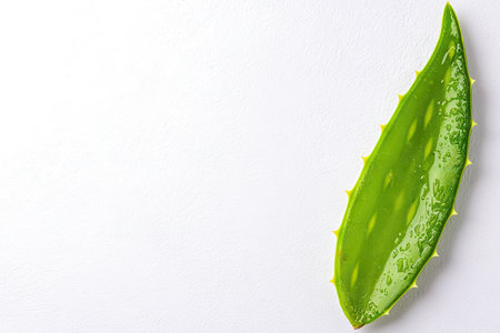 Single, fresh aloe vera leaf is presented in a high-quality close-up. The leaf is vibrant green with prominent water droplets and spines.  The background is a clean, pure white surface, ideal for highlighting the leaf's characteristics.の素材