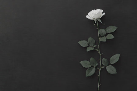 Single white rose with dark green leaves is arranged vertically on a dark gray background. The image is a close-up, highlighting the delicate texture of the rose and the leaves. The backdrop is a smooth matte dark gray.の素材