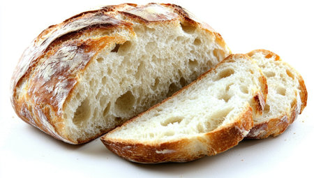 Close-up view of a loaf of artisan bread, sliced, showcasing the interior texture and golden crust. The bread is positioned on a plain white surface.の素材