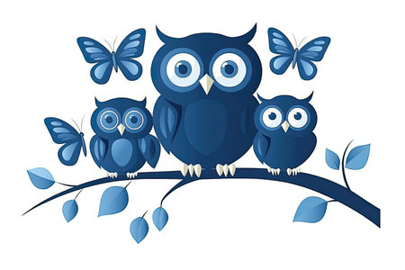 Colorful image featuring three stylized blue owls perched on a branch. Two are adult owls and one is a baby owl.  Two butterflies are also depicted. The image is in a child-friendly style, with bright colors and a playful aesthetic. The owls and butterflies are situated against a white background.  Leaves are also present on the branch.の素材