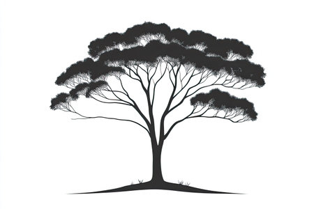Detailed illustration of a large tree's silhouette, rendered in black ink or marker on a white background. The tree is prominently featured, with its branches and leaves depicted in a detailed manner. The overall composition is minimalistic and focused on the tree itself, with no other elements present within the image.の素材