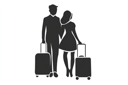 Silhouette of a couple standing side by side, each with a suitcase, suggesting a journey or vacation.の素材