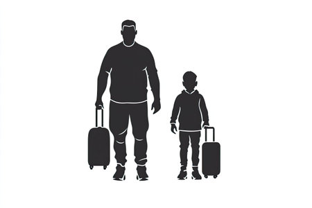 Two figures, a father and son, are depicted in silhouette, each holding a suitcase. The figures are standing upright and facing forward. The figures are shown in a graphic, modern style and are likely intended for use in print or digital media.の素材
