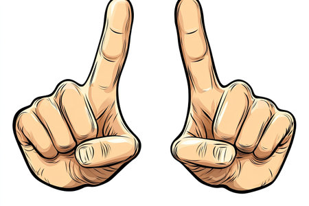 Close-up illustration of two hands with fingers pointing upwards. The hands are depicted in a cartoon style, with exaggerated details and a light beige/brown color scheme. The style resembles comic book or graphic novel art.の素材