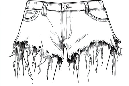 Black and white line drawing of a pair of distressed denim shorts. The shorts feature rips, holes, and frayed edges.  The drawing style is detailed, focusing on the texture and design of the garment.の素材