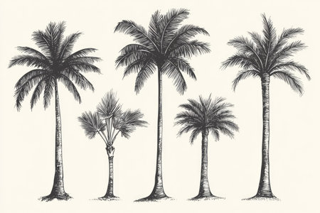 Collection of hand-drawn illustrations of different types of palm trees, rendered in black ink on a white background.  The style is vintage, with detailed depictions of the palm fronds and trunks, displaying a careful attention to botanical accuracy and artistic representation.の素材
