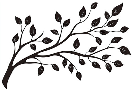 Stylized, black silhouette of a tree branch with several leaves, set against a white background.  The image is a simple graphic design suitable for use as decoration or an artistic element.の素材