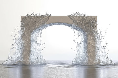 Archway structure is shown with water cascading down its sides in a dynamic splash effect. The archway and the water droplets are light gray. The image has a clean and modern aesthetic, suitable for use in architecture, engineering, design or product presentations.の素材