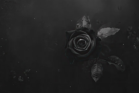 Close-up view of a dark rose in a grayscale image.  The rose is detailed and appears to be in a moody or dramatic setting with a dark backdrop.  Leaves and stem are also visible, all in grayscale.の素材