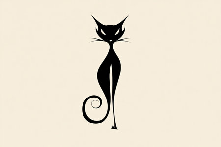 Stylized silhouette of a cat, presented as a simple black shape with an ornate tail, and a pointed head. The cat stands against a neutral background, creating a clean and stylish graphic design element.の素材