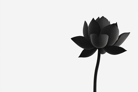 Single, black lotus flower, depicted in a detailed illustration style, is isolated on a plain white background. The flower's petals have a textured appearance, creating a sense of depth and three-dimensionality, while the stem and overall composition evoke a sense of grace and elegance.の素材