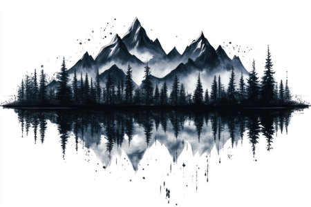 Serene landscape featuring a symmetrical image of mountains and a forest reflected in a calm lake. The image is rendered in shades of dark gray and black ink, giving it a tranquil and captivating feel.の素材