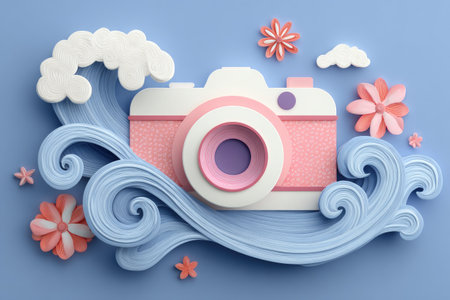 Three-dimensional graphic illustration of a camera positioned within an intricate design of stylized, pastel-colored waves and flowers. The camera and surrounding elements are rendered in a playful, decorative style, using various shades of pink and blue.の素材