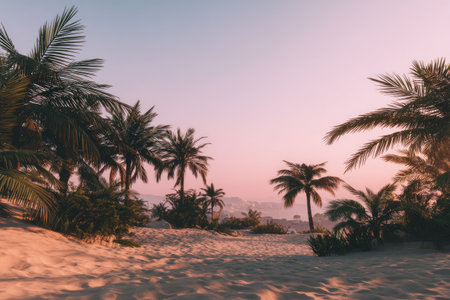 Serene landscape featuring palm trees that are casting shadows on the golden sand. A tranquil beach scene under a pastel pink and purple sunrise or sunset sky.の素材