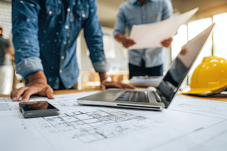 Architectural drawings, a laptop computer, and hands of designers or engineers are on a table, suggesting a design, construction, or engineering project in progress.の素材
