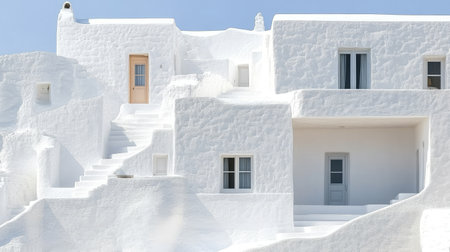 The beautiful white houses of Santorini feature a simple, flat architecture with rounded edges. The roofs have stairs around them, and there is an open space between each house with no walls or doors. The scene looks as if it were in the style of James Turrell, with the sun shining on one side of the buildings. The close-up view provides extreme detail in high-resolution photography, capturing the natural light and colors of the beautiful scenery. The professional color grading creates soft shadows and a clean, sharp focus. --chaos 30 --ar 16:9 --stylize 750 --v 6.1 Job ID: 4682b21a-10dd-4c03-8967-c186e3fefe5eの素材