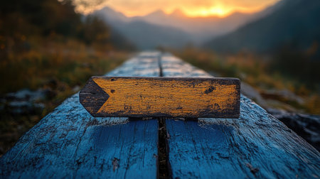 Close-up photo of a wooden arrow sign pointing to the right, placed on top of blue-colored wood. Blurry mountains can be seen in the background. --chaos 30 --ar 16:9 --stylize 750 --v 6.1 Job ID: 3e1f07a7-5b96-4911-a58b-8f3fca85d943の素材