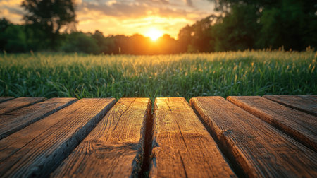 Close-up of an old wooden table with green grass in the background. The scene is captured from below, focusing on details like textures and light reflections that highlight the wood grain. In front, there's a smooth surface of the bench, and behind it, a blurred landscape with tall green meadow grass. It creates a serene atmosphere, giving space for creativity or advertising in the style of Canon EOS R5. --chaos 30 --ar 16:9 --stylize 750 --v 6.1 Job ID: db32d265-4862-4136-aa16-2e2d768db11eの素材