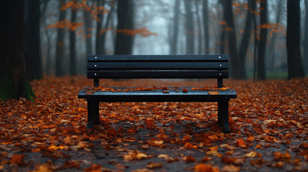 A close-up of an old, black park bench in the woods with leaves scattered around it. The ground is covered by fallen orange and brown leaves. It is autumn. There's fog on top of some trees, adding to the mysterious atmosphere. A light rain falling onto the wet leaves highlights their texture. The scene conveys tranquility and stillness. --chaos 30 --ar 16:9 --stylize 750 --v 6.1 Job ID: e5ce90ae-87a9-4c1b-8760-52b0d33f85f0の素材