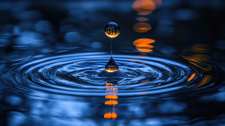 A drop of oil is falling into the water, creating ripples on its surface. The background features blue and yellow tones, with a close-up shot capturing details in high resolution. This scene embodies a product photography style, showcasing the beauty of liquid droplets. The focus should be on highlighting the contrast between light reflection and dark shadows to accentuate textures. Use soft lighting to enhance the visual appeal. --chaos 30 --ar 16:9 --stylize 750 --v 6.1 Job ID: 3fcd2497-656d-4df2-8a1d-ceecd30c8f92の素材
