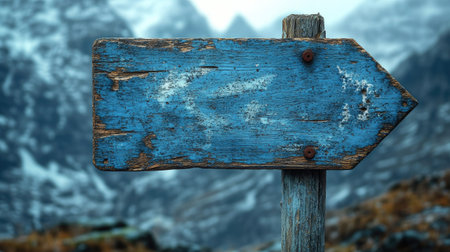 A wooden arrow sign pointing to the right on an old blue board, with blurred snowy mountains in the background. The photo is taken from a close-up perspective, focusing only on the direction of the arrow and the wood texture. --chaos 30 --ar 16:9 --stylize 750 --v 6.1 Job ID: 69ea6f31-cd3d-40d2-9629-ae3387d729b7の素材