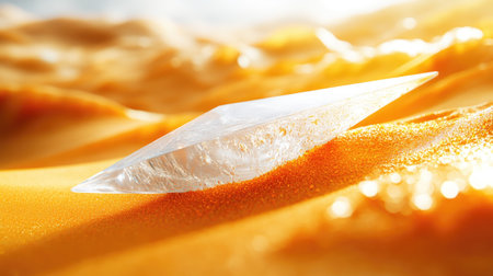 A close-up of the sand dunes in Dubai, with a single white triangular surfboard emerging from them. The scene is bathed in warm golden sunlight, casting long shadows and creating intricate patterns on the textured orange sand. Focus stacking photography, minimalism, high resolution, high detail, HDR --chaos 30 --ar 16:9 --stylize 750 --v 6.1 Job ID: d5b25e2c-0d82-4527-ba39-fa15de9f9d55の素材