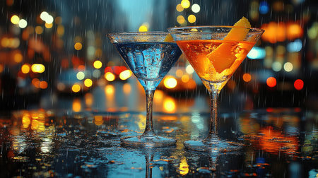 Two martini glasses filled with orange and blue liquid, placed on a table in front of blurred city lights at night, with raindrops falling around them. --chaos 30 --ar 16:9 --stylize 750 --v 6.1 Job ID: c98e8162-636a-4ab6-a412-0bbc3a060df3の素材