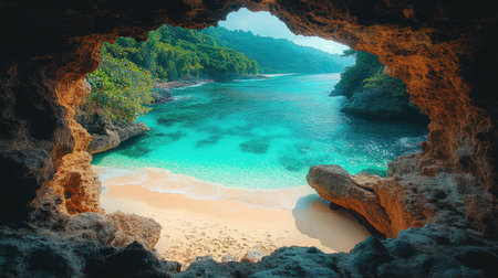A beautiful beach inside a cave, with turquoise water and green trees, captured in stunning photography. --chaos 30 --ar 16:9 --stylize 750 --v 6.1 Job ID: 915848eb-092d-4730-8913-f8bfa324285bの素材