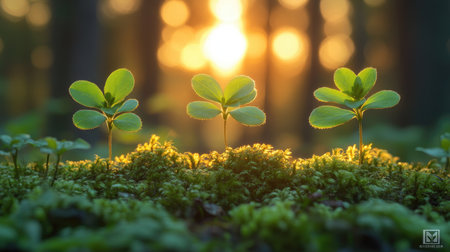 A close-up of three small green plants sprouting from moss-covered wood, with the sun setting in the background. The focus is on their delicate leaves and vibrant colors against nature's backdrop. --chaos 30 --ar 16:9 --stylize 750 --v 6.1 Job ID: e74a4d2e-3de6-460d-b1cf-3ae575a56db3の素材
