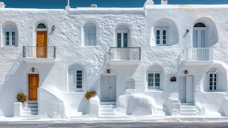 A photo of white buildings in Santorini, Greece, with circular and triangular structures, all made from adobe material. The buildings have different shapes like circles or triangles, creating an interesting pattern. In the close-up view, there is a staircase leading to each building's entrance. Soft sunlight illuminates these unique architectural designs, enhancing their architectural details. Captured in the style of Ansel Adams using a Nikon D850 camera, wide-angle lens at f/4 aperture for a panoramic view. --chaos 30 --ar 16:9 --stylize 750 --v 6.1 Job ID: ba3e39eb-53c3-448a-92ff-477c0a02f4bcの素材