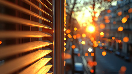 Close-up of window blinds, with light shining through, a Parisian building in the background, during the golden hour, with a bokeh effect and soft pastel colors. White wooden shutters add to the architectural charm, reminiscent of a scene from Architectural Digest photography in the style of [Artist name]. --chaos 30 --ar 16:9 --stylize 750 --v 6.1 Job ID: 94dffc53-1b21-43a7-8793-57b0144b3625の素材