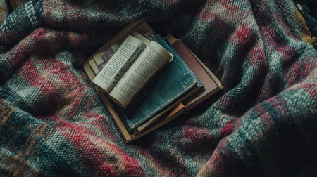 Visualize a soft blanket with various comfort items like books, snacks, and more creating a safe zone for comfort --chaos 30 --ar 16:9 --v 6.1 Job ID: 6483498d-cd4d-4d75-af1d-dff410f8f7e3の素材
