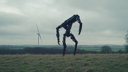 Visualize a robotic arm expertly assembling the components of a wind turbine, contributing to a clean energy future --chaos 30 --ar 16:9 --v 6.1 Job ID: 58a06914-ffae-4455-9b10-f915518d3325の素材